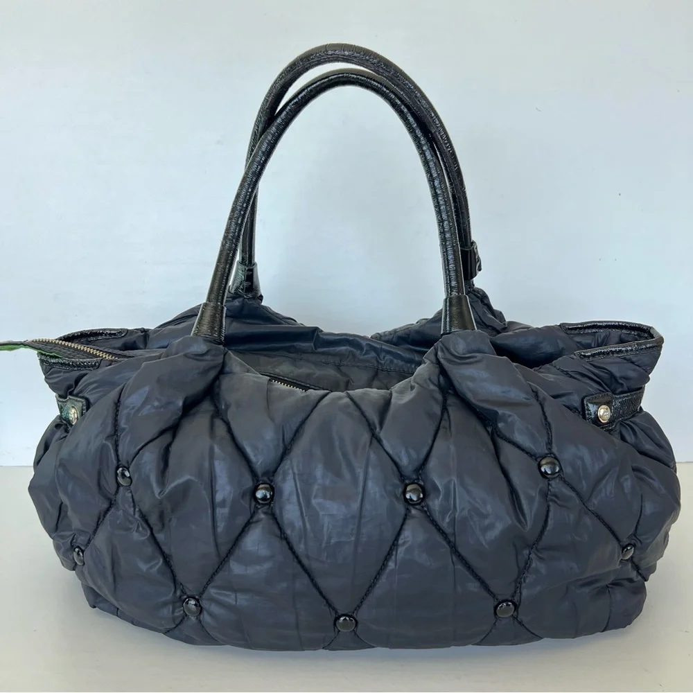 KATE SPADE Stevie Black Quilted Nylon Patent Leather Studded Shoulder Bag Tote